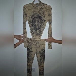 Tan and Black Dragon Print Long Sleeve Top